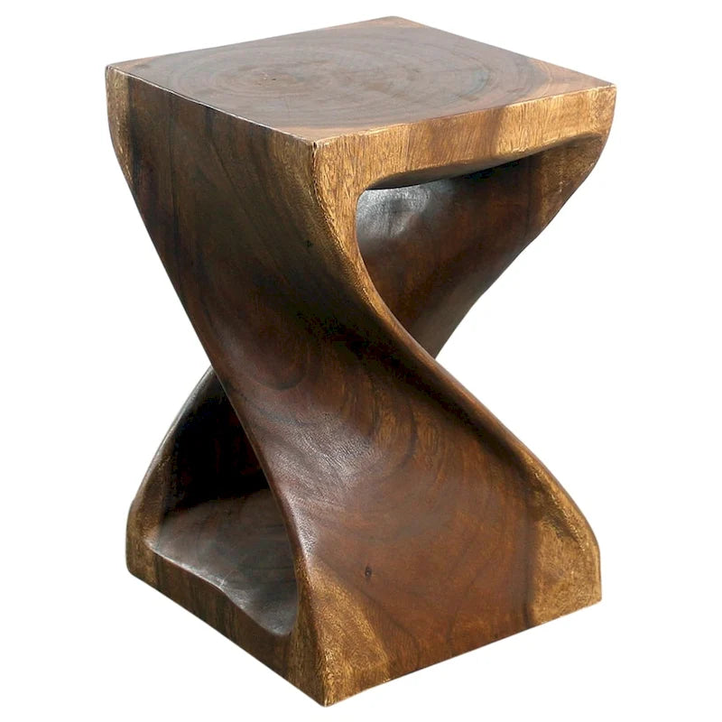 Hand-Carved Wood Twist Stool 12x12x18" - Eco-Friendly Solid Wood Accent Table, Walnut Oil Finish, Rustic Multi-Use Seat