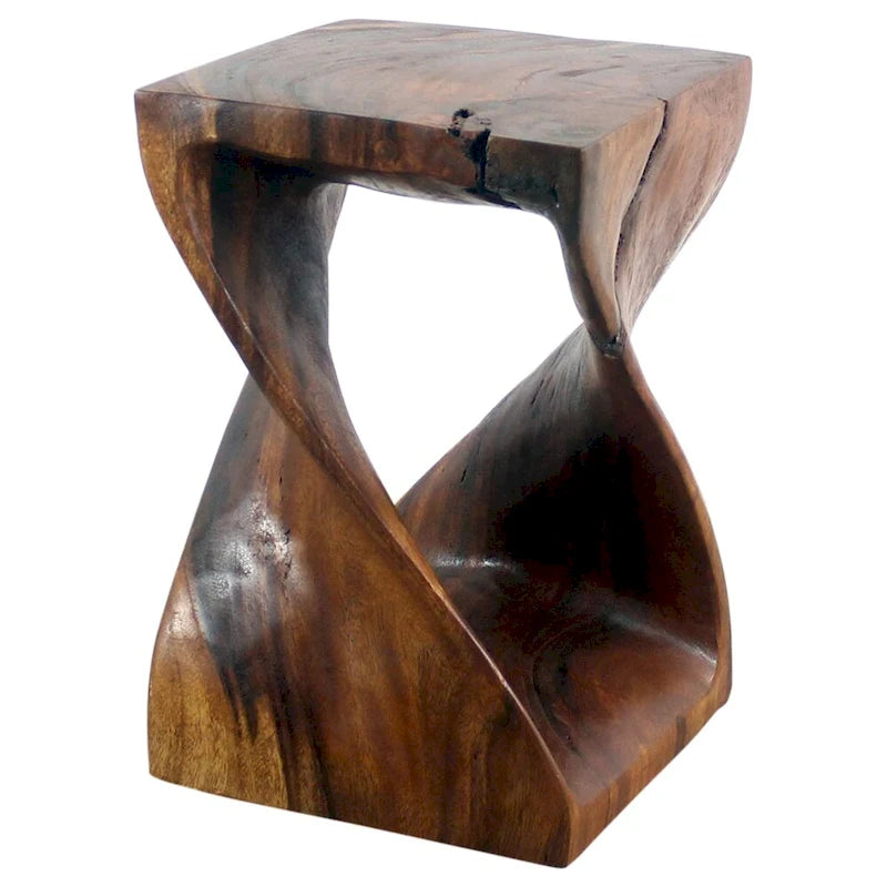 Hand-Carved Wood Twist Stool 12x12x18" - Eco-Friendly Solid Wood Accent Table, Walnut Oil Finish, Rustic Multi-Use Seat