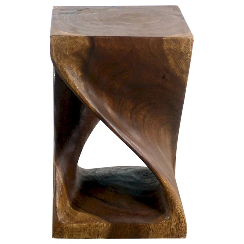 Hand-Carved Wood Twist Stool 12x12x18" - Eco-Friendly Solid Wood, Walnut Oil Finish, Rustic Style