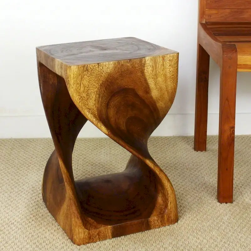 Hand-Carved Wood Twist Stool 12x12x18" - Eco-Friendly Solid Wood Accent Table, Walnut Oil Finish, Rustic Multi-Use Seat
