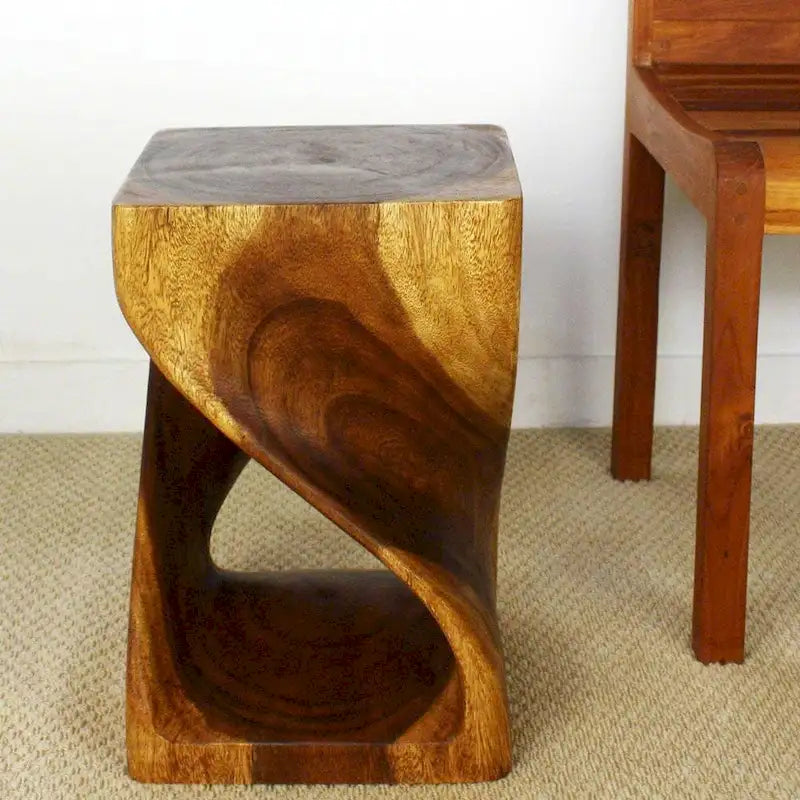 Hand-Carved Wood Twist Stool 12x12x18" - Eco-Friendly Solid Wood, Walnut Oil Finish, Rustic Style