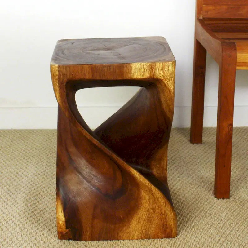 Hand-Carved Wood Twist Stool 12x12x18" - Eco-Friendly Solid Wood, Walnut Oil Finish, Rustic Style
