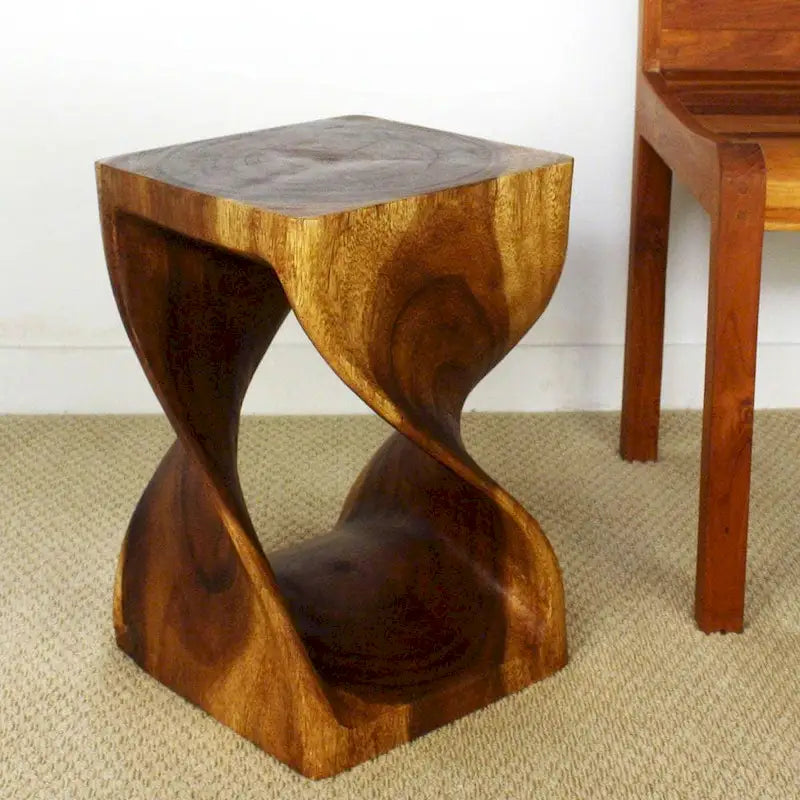 Hand-Carved Wood Twist Stool 12x12x18" - Eco-Friendly Solid Wood, Walnut Oil Finish, Rustic Style