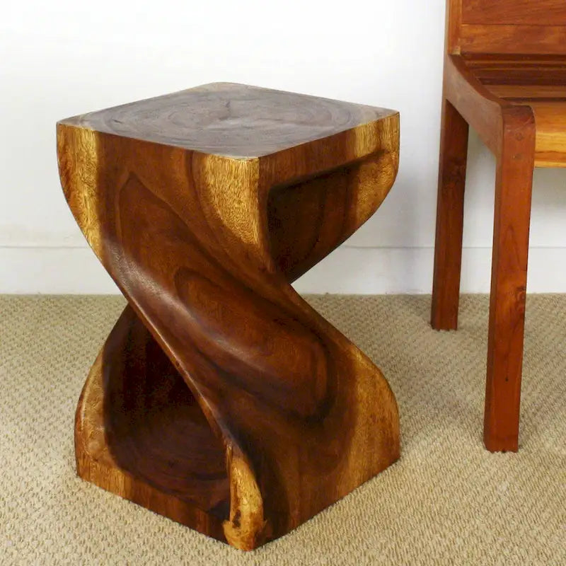 Hand-Carved Wood Twist Stool 12x12x18" - Eco-Friendly Solid Wood, Walnut Oil Finish, Rustic Style
