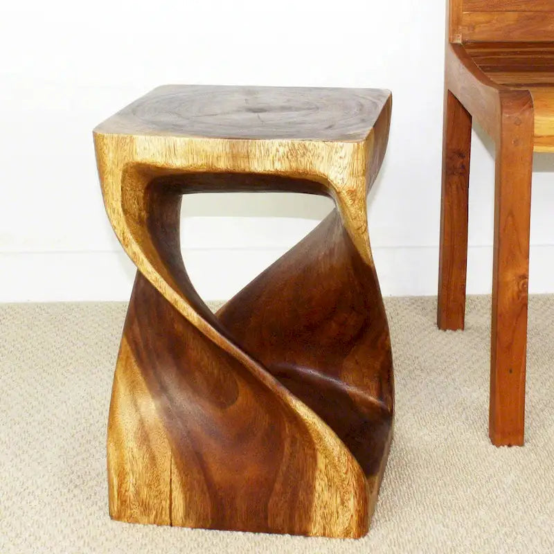 Hand-Carved Wood Twist Stool 12x12x18" - Eco-Friendly Solid Wood, Walnut Oil Finish, Rustic Style