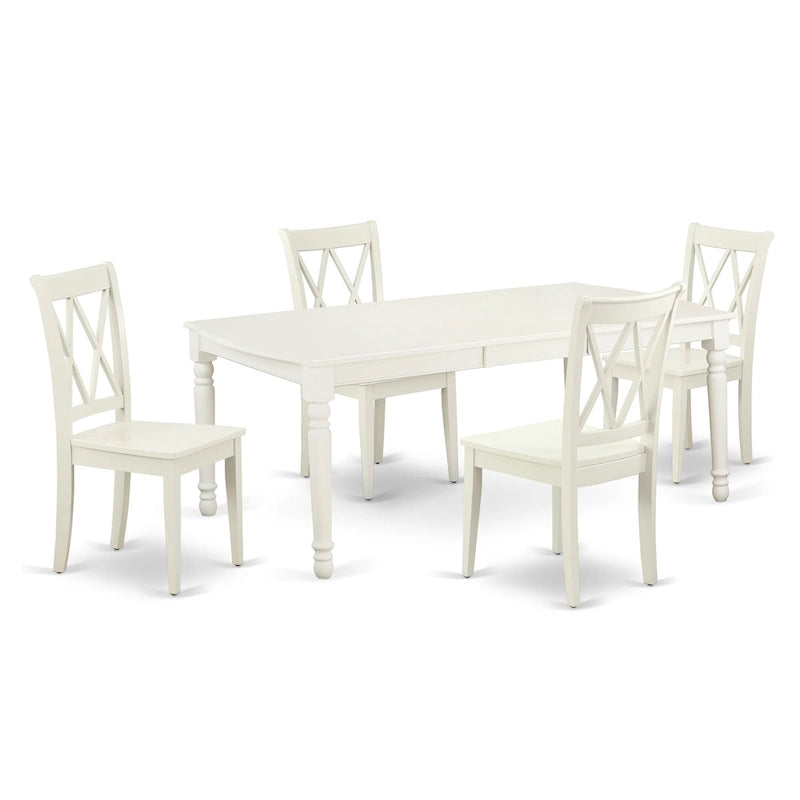 Dining Table with Chairs - 42"W x 78"L, Butterfly Leaf, Hardwood, Linen White, 300 lbs, Double X-Back, 4 or 8 Chairs
