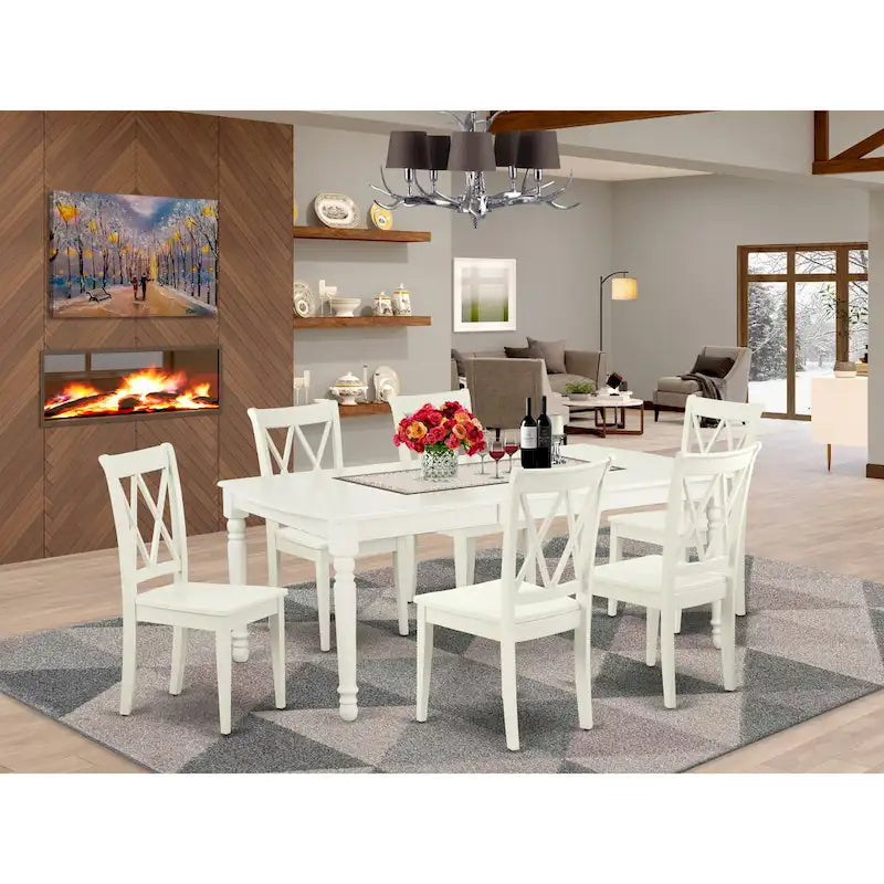 Dining Table with Chairs - 42"W x 78"L, Butterfly Leaf, Hardwood, Linen White, 300 lbs, Double X-Back, 4 or 8 Chairs