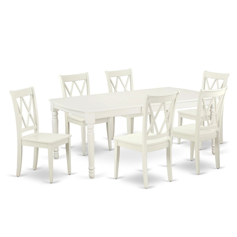 Dining Table with Chairs - 42"W x 78"L, Butterfly Leaf, Hardwood, Linen White, 300 lbs, Double X-Back, 4 or 8 Chairs