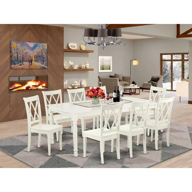 Dining Table with Chairs - 42"W x 78"L, Butterfly Leaf, Hardwood, Linen White, 300 lbs, Double X-Back, 4 or 8 Chairs