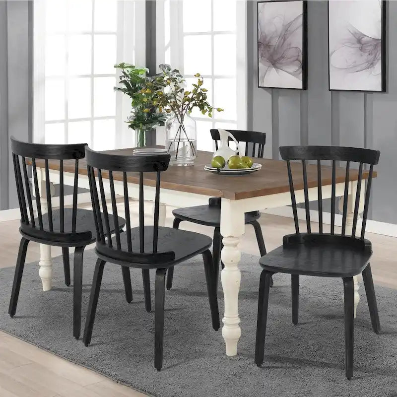 Windsor Dining Chair - Spindle Back, Solid Wood, Bentwood Legs, 330 lbs Capacity, Farmhouse Style, Black, 33.5"H, 2/4/6 Qty