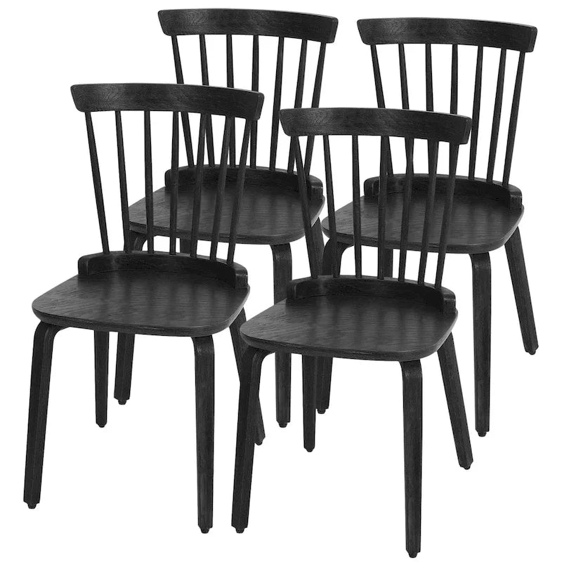 Windsor Dining Chair - Spindle Back, Solid Wood, Bentwood Legs, 330 lbs Capacity, Farmhouse Style, Black, 33.5"H, 2/4/6 Qty