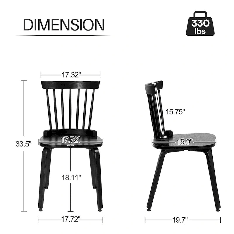 Windsor Dining Chair - Spindle Back, Solid Wood, Bentwood Legs, 330 lbs Capacity, Farmhouse Style, Black, 33.5"H, 2/4/6 Qty