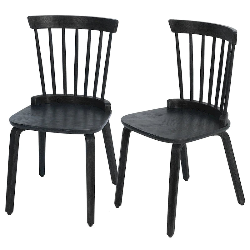 Windsor Dining Chair - Spindle Back, Solid Wood, Bentwood Legs, 330 lbs Capacity, Farmhouse Style, Black, 33.5"H, 2/4/6 Qty