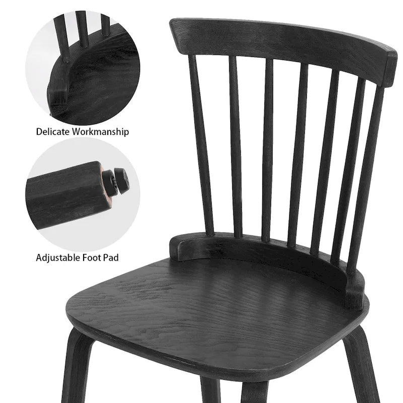 Windsor Dining Chair - Spindle Back, Solid Wood, Bentwood Legs, 330 lbs Capacity, Farmhouse Style, Black, 33.5"H, 2/4/6 Qty