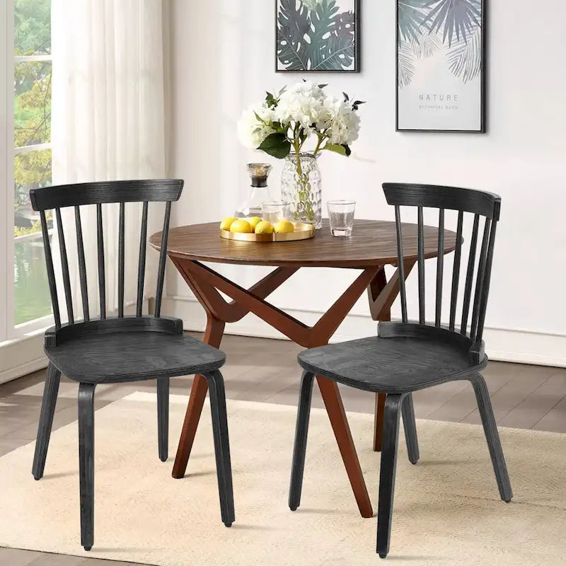 Windsor Dining Chair - Spindle Back, Solid Wood, Bentwood Legs, 330 lbs Capacity, Farmhouse Style, Black, 33.5"H, 2/4/6 Qty