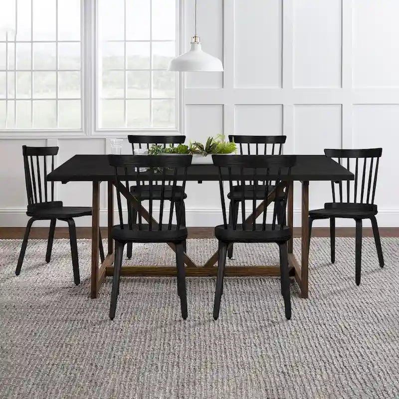 Windsor Dining Chair - Spindle Back, Solid Wood, Bentwood Legs, 330 lbs Capacity, Farmhouse Style, Black, 33.5"H, 2/4/6 Qty