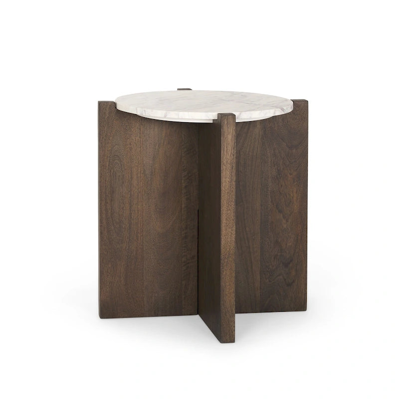 Round Accent Table - Dark Brown Wood with White Marble Top, 22" Diameter, Mauve Undertones, Side Table