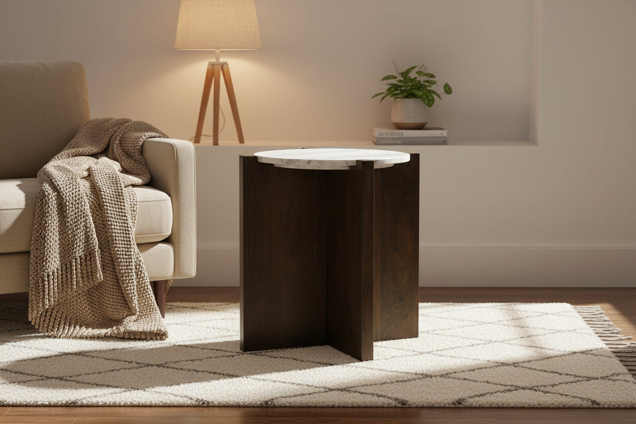 Bianca Dark Brown Wood w/ Marble Round Accent Table - 22.0L x 22.0W x 22.0H