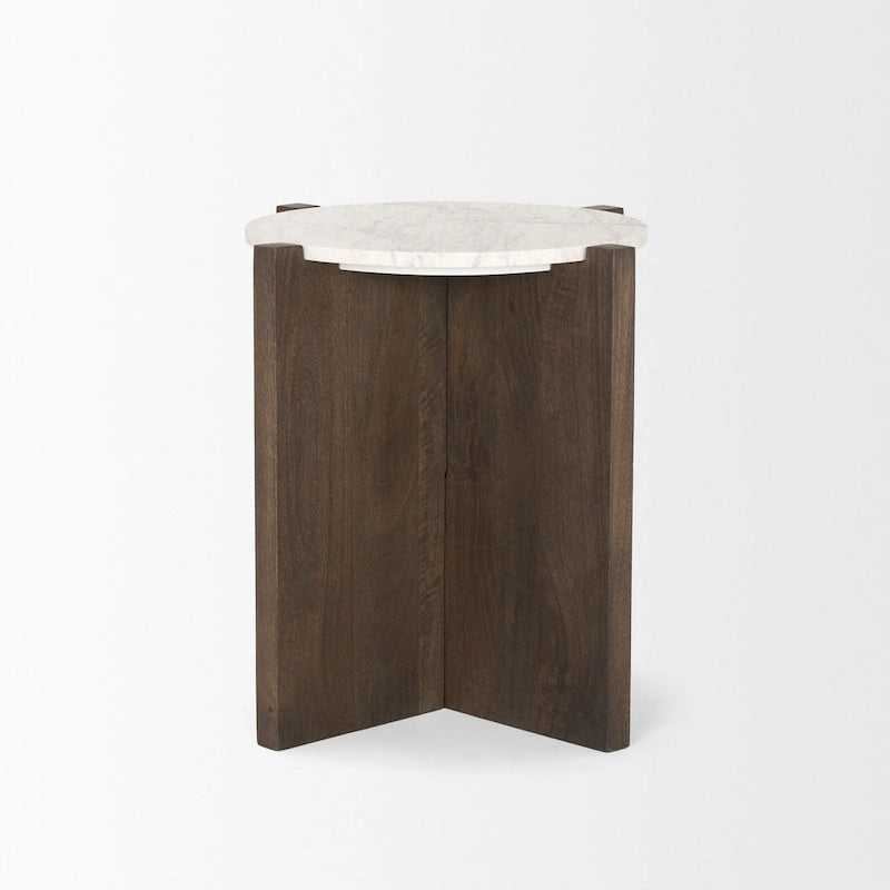 Round Accent Table - Dark Brown Wood with White Marble Top, 22" Diameter, Mauve Undertones, Side Table