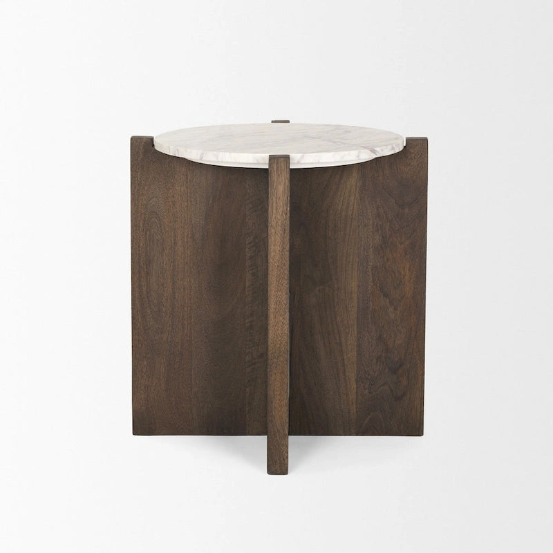 Round Accent Table - Dark Brown Wood, White Marble Top, 22" Diameter, Side Table