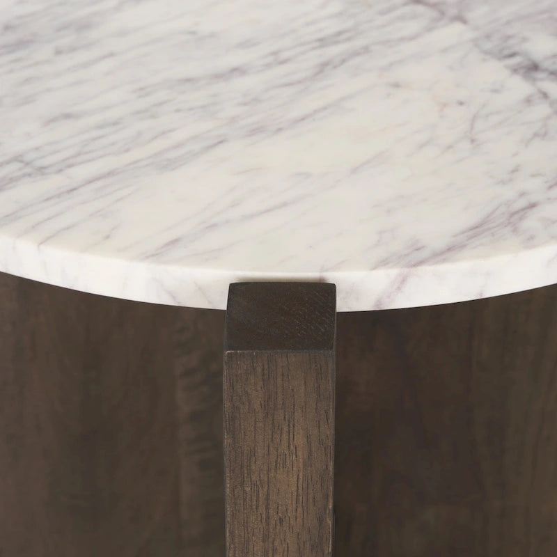 Round Accent Table - Dark Brown Wood with White Marble Top, 22" Diameter, Mauve Undertones, Side Table