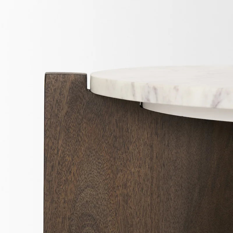 Round Accent Table - Dark Brown Wood, White Marble Top, 22" Diameter, Side Table