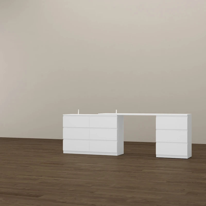 Expandable Desk with 9 Drawers - 70.9"-102.4" Adjustable Width, Multi-Use Dresser/Vanity/Office Desk, White Modern Design
