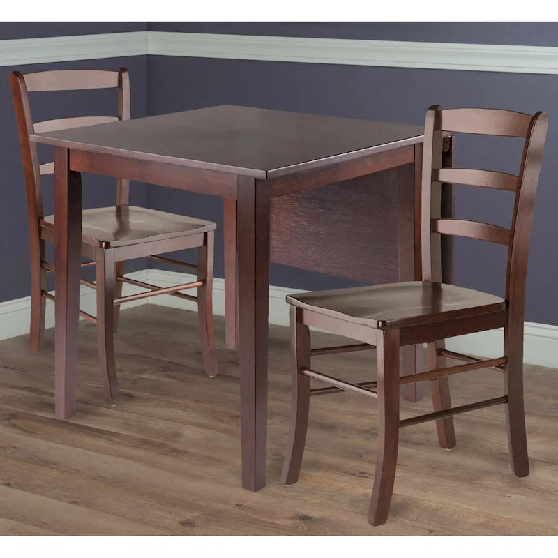 Drop Leaf Dining Table with 2 Ladder-Back Chairs - Solid Wood, Space-Saving Design, Walnut Finish, Seats 6
