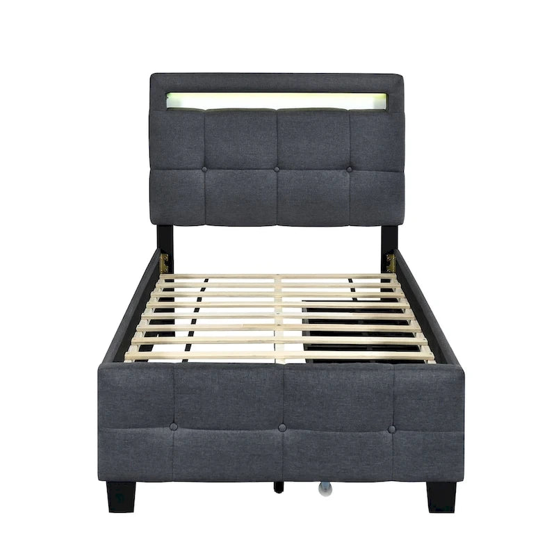 Upholstered Platform Bed - Twin, 80.7"L x 41.7"W x 43.7"H, LED Frame, 4 Drawers, Linen, 300 lbs, Gray, Modern