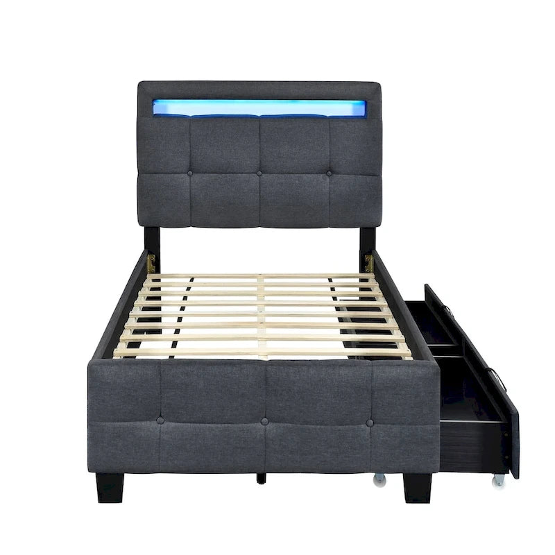Upholstered Platform Bed - Twin, 80.7"L x 41.7"W x 43.7"H, LED Frame, 4 Drawers, Linen, 300 lbs, Gray, Modern