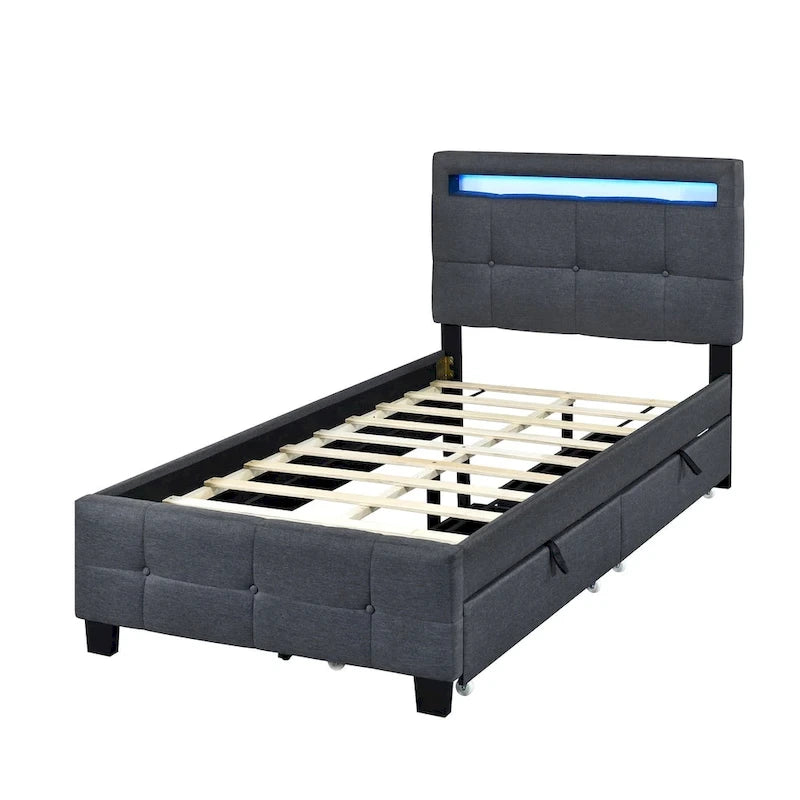 Upholstered Platform Bed - Twin, 80.7"L x 41.7"W x 43.7"H, LED Frame, 4 Drawers, Linen, 300 lbs, Gray, Modern