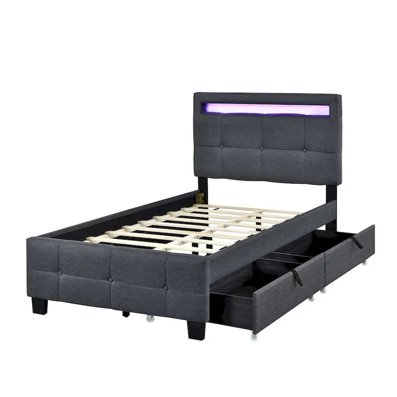 Upholstered Platform Bed - Twin, 80.7"L x 41.7"W x 43.7"H, LED Frame, 4 Drawers, Linen, 300 lbs, Gray, Modern