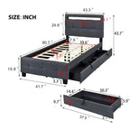 Upholstered Platform Bed - Twin, 80.7"L x 41.7"W x 43.7"H, LED Frame, 4 Drawers, Linen, 300 lbs, Gray, Modern