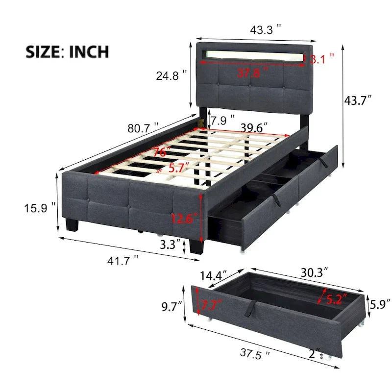 Upholstered Platform Bed - Twin, 80.7"L x 41.7"W x 43.7"H, LED Frame, 4 Drawers, Linen, 300 lbs, Gray, Modern