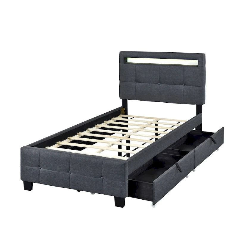 Upholstered Platform Bed - Twin, 80.7"L x 41.7"W x 43.7"H, LED Frame, 4 Drawers, Linen, 300 lbs, Gray, Modern