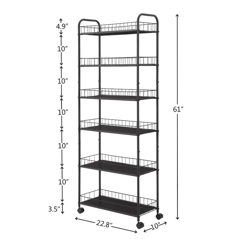 6-Tier Slim Rolling Storage Cart - 6-10"D x 22.8"W x 61"H, Metal, 4 Wheels, Narrow Space Organizer, Mobile Shelving