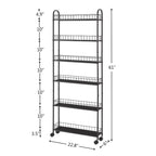 6-Tier Slim Rolling Storage Cart - 6-10"D x 22.8"W x 61"H, Metal, 4 Wheels, Narrow Space Organizer, Mobile Shelving