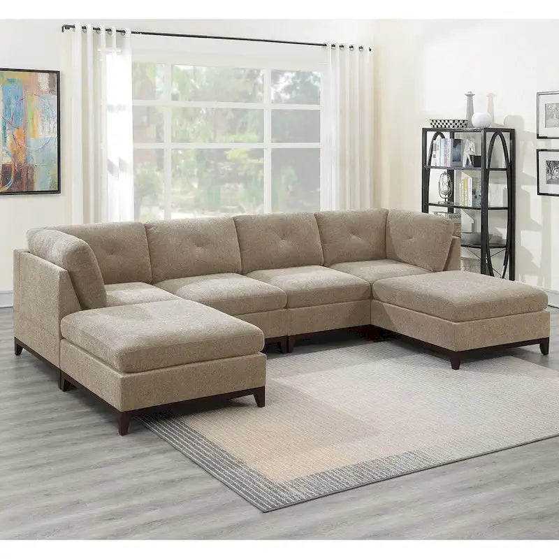 Chenille Sofa - High-Density Foam, Corner Pieces, Armless Chairs, Ottoman, Classic Design, Ash Grey/Camel, Timeless Style