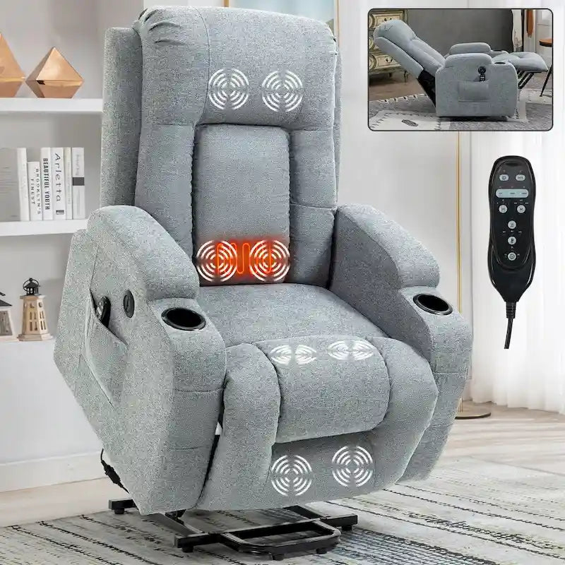 Power Lift Recliner - 8-Point Massage, Lumbar Heat, USB Port, Cup Holders, 155° Recline, ASTM Standard, 39.76"L x 35.82"W
