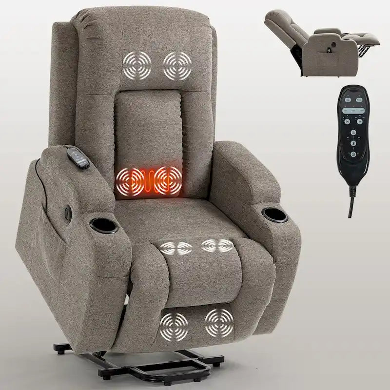 Power Lift Recliner - 8-Point Massage, Lumbar Heat, USB Port, Cup Holders, 155° Recline, 39.76"L x 35.82"W