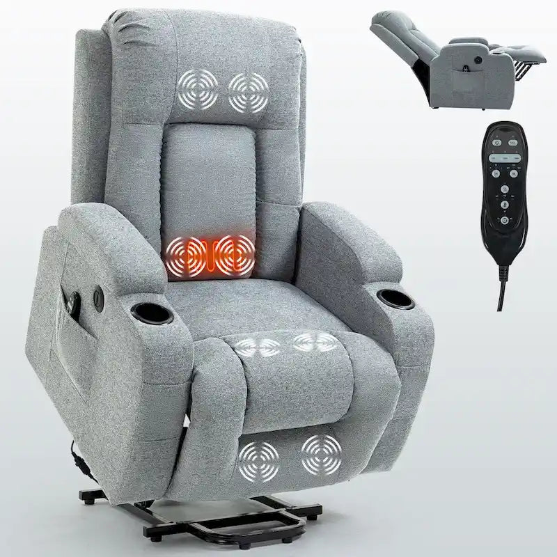 Power Lift Recliner - 8-Point Massage, Lumbar Heat, USB Port, Cup Holders, 155° Recline, 39.76"L x 35.82"W
