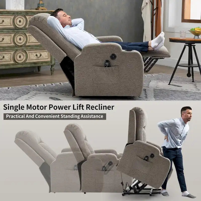 Power Lift Recliner - 8-Point Massage, Lumbar Heat, USB Port, Cup Holders, 155° Recline, 39.76"L x 35.82"W
