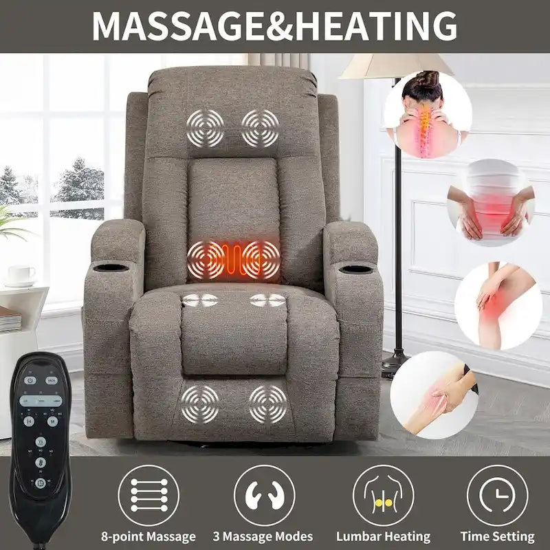 Power Lift Recliner - 8-Point Massage, Lumbar Heat, USB Port, Cup Holders, 155° Recline, 39.76"L x 35.82"W