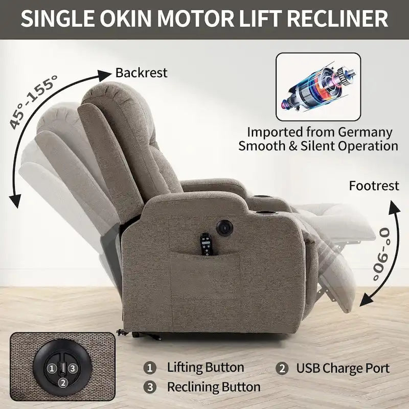 Power Lift Recliner - 8-Point Massage, Lumbar Heat, USB Port, Cup Holders, 155° Recline, 39.76"L x 35.82"W