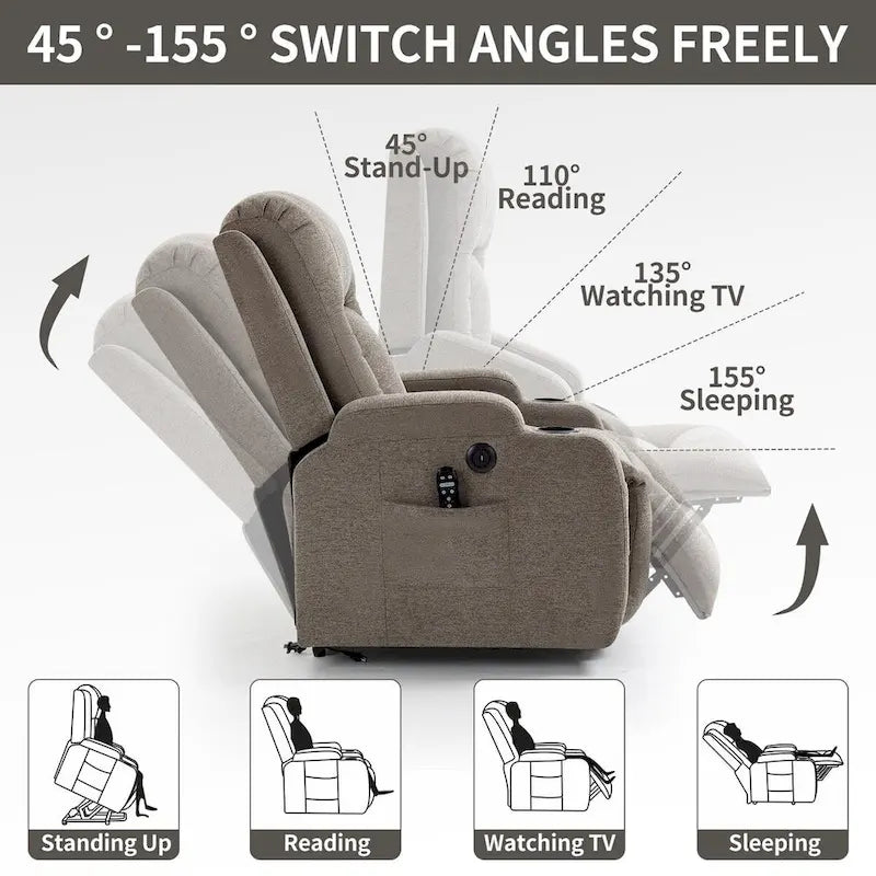 Power Lift Recliner - 8-Point Massage, Lumbar Heat, USB Port, Cup Holders, 155° Recline, 39.76"L x 35.82"W