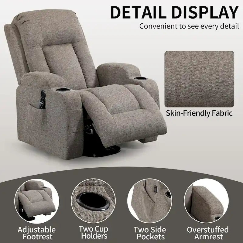 Power Lift Recliner - 8-Point Massage, Lumbar Heat, USB Port, Cup Holders, 155° Recline, 39.76"L x 35.82"W