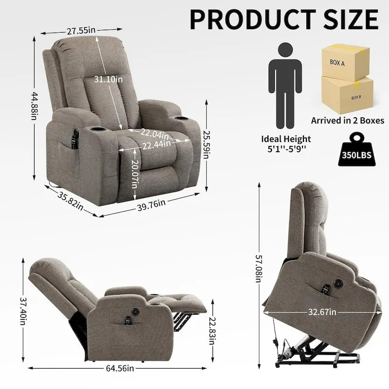 Power Lift Recliner - 8-Point Massage, Lumbar Heat, USB Port, Cup Holders, 155° Recline, 39.76"L x 35.82"W