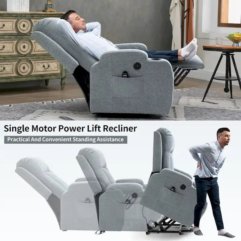 Power Lift Recliner - 8-Point Massage, Lumbar Heat, USB Port, Cup Holders, 155° Recline, 39.76"L x 35.82"W