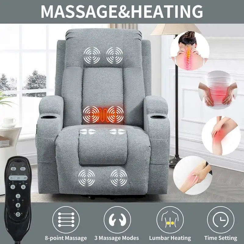 Power Lift Recliner - 8-Point Massage, Lumbar Heat, USB Port, Cup Holders, 155° Recline, 39.76"L x 35.82"W