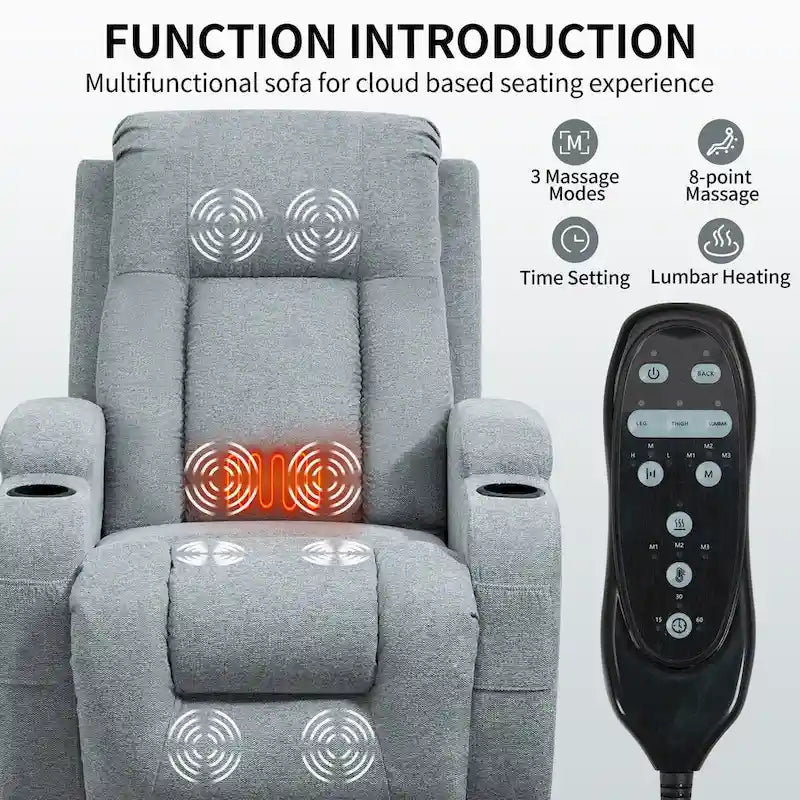 Power Lift Recliner - 8-Point Massage, Lumbar Heat, USB Port, Cup Holders, 155° Recline, 39.76"L x 35.82"W